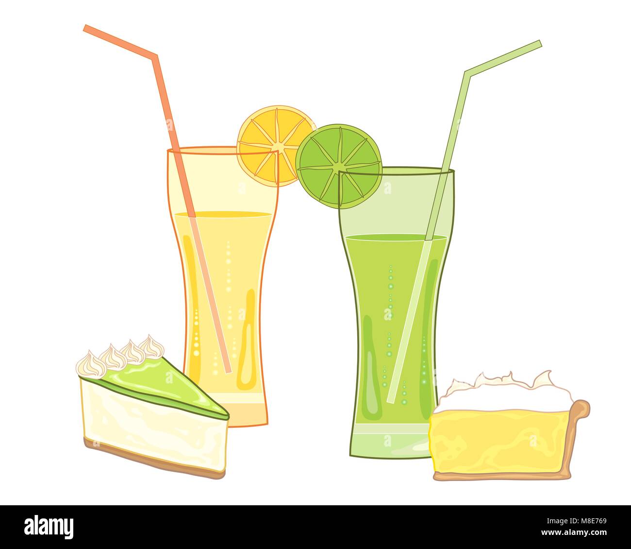 Un vecteur illustration au format eps de boissons fruitées avec des desserts traditionnels de tarte citron meringuée et Key Lime Pie on a white background Illustration de Vecteur