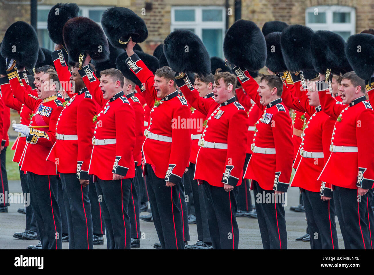 Londres, Royaume-Uni, 17 mars 2018. Trois hourras pour le couple royal - le duc de Cambridge, le colonel de l'Irish Guards, accompagnée de la duchesse de Cambridge, a visité le 1er bataillon Irish Guards à leur parade de la Saint Patrick. 350 soldats ont marché sur le terrain de parade au quartier de cavalerie dirigée par leur mascotte, l'Irish Wolfhound Donald Mormaer. Banque D'Images