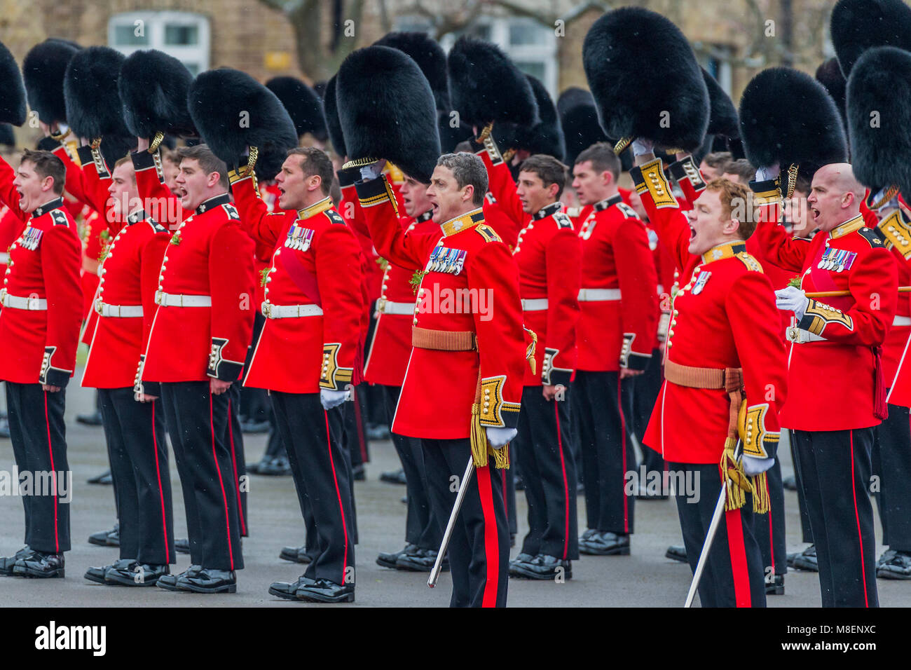 Londres, Royaume-Uni, 17 mars 2018. Trois hourras pour le couple royal - le duc de Cambridge, le colonel de l'Irish Guards, accompagnée de la duchesse de Cambridge, a visité le 1er bataillon Irish Guards à leur parade de la Saint Patrick. 350 soldats ont marché sur le terrain de parade au quartier de cavalerie dirigée par leur mascotte, l'Irish Wolfhound Donald Mormaer. Banque D'Images