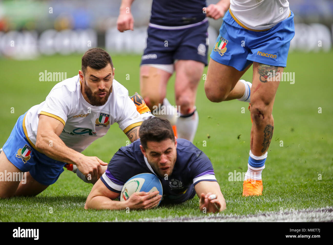 Rome, Italie. 17 février 2018. L'aile d'Écosse Sean Maitland marque un essai dans le match contre l'Italie au Championnat 2018 6NatWest Massimiliano Carnabuci/Alamy Live News Banque D'Images