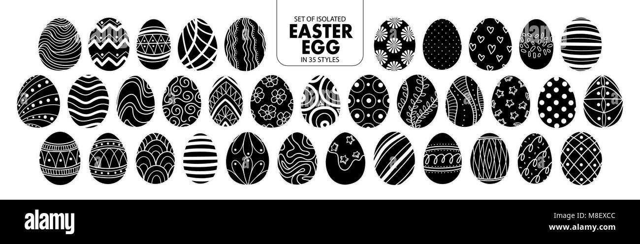 Ensemble d'oeufs de Pâques en silhouette isolée 35 styles. Cute hand drawn vector illustration à contour blanc et noir plane sur fond blanc. Illustration de Vecteur