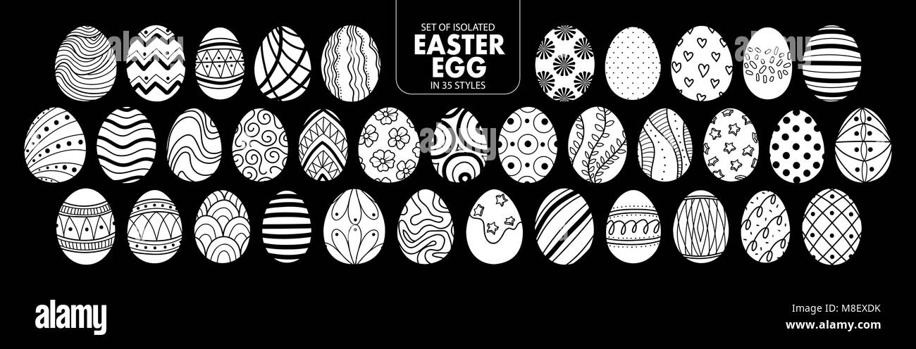 Ensemble de silhouette blanche isolée dans des oeufs de Pâques 35 styles. Cute hand drawn vector illustration en avion blanc sans contours sur fond noir. Illustration de Vecteur