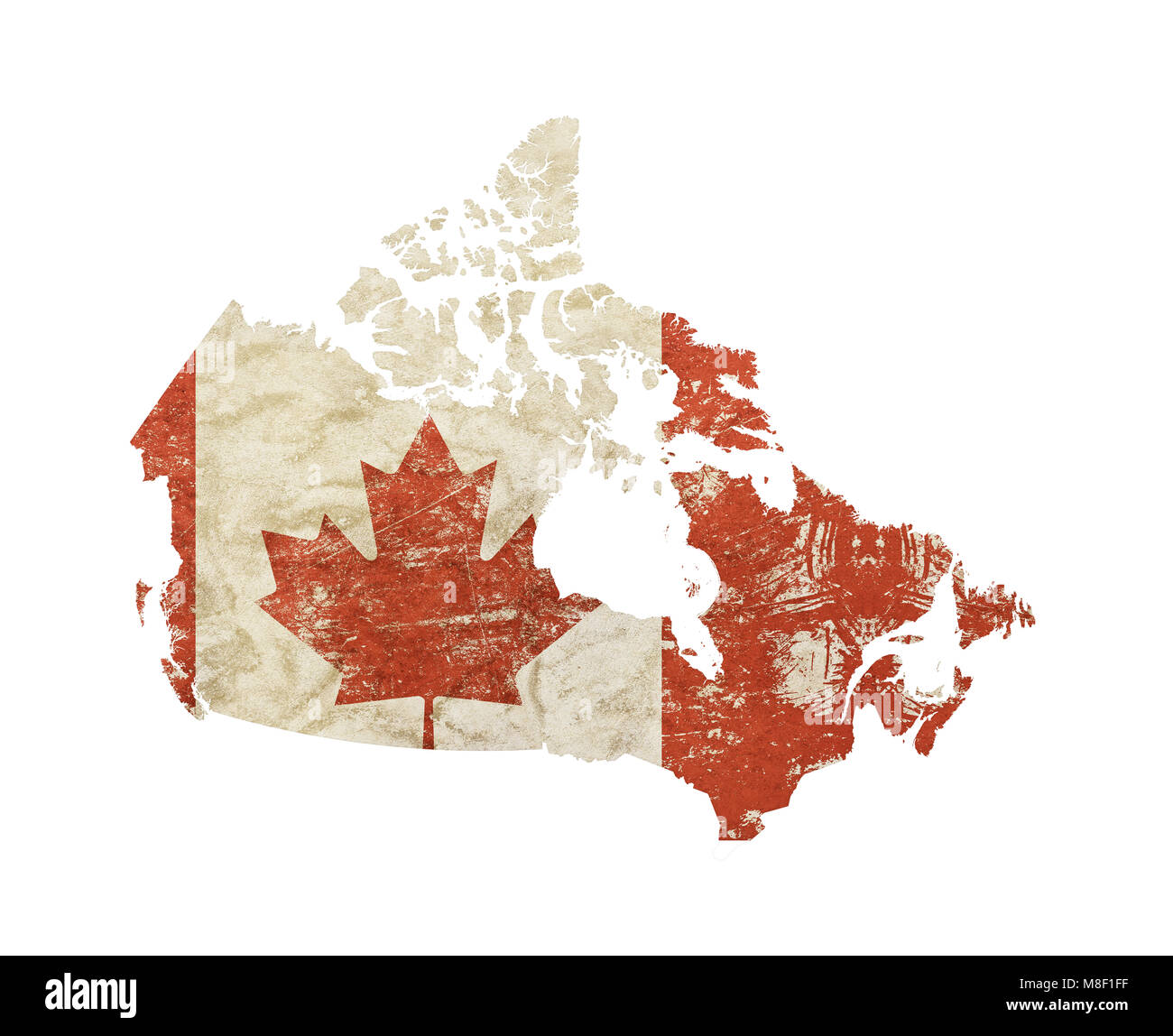 En forme de cartes du Canada old grunge vintage décolorée sale minable drapeau Canadien en détresse avec feuille d'érable rouge isolé sur fond blanc Banque D'Images