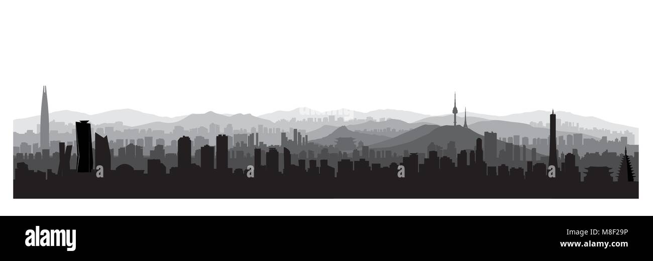 Vue sur l'horizon de la ville de Séoul, République de Corée du Sud. Urbain coréen vue panoramique. Vue urbaine avec célèbre bâtiment ossature Illustration de Vecteur