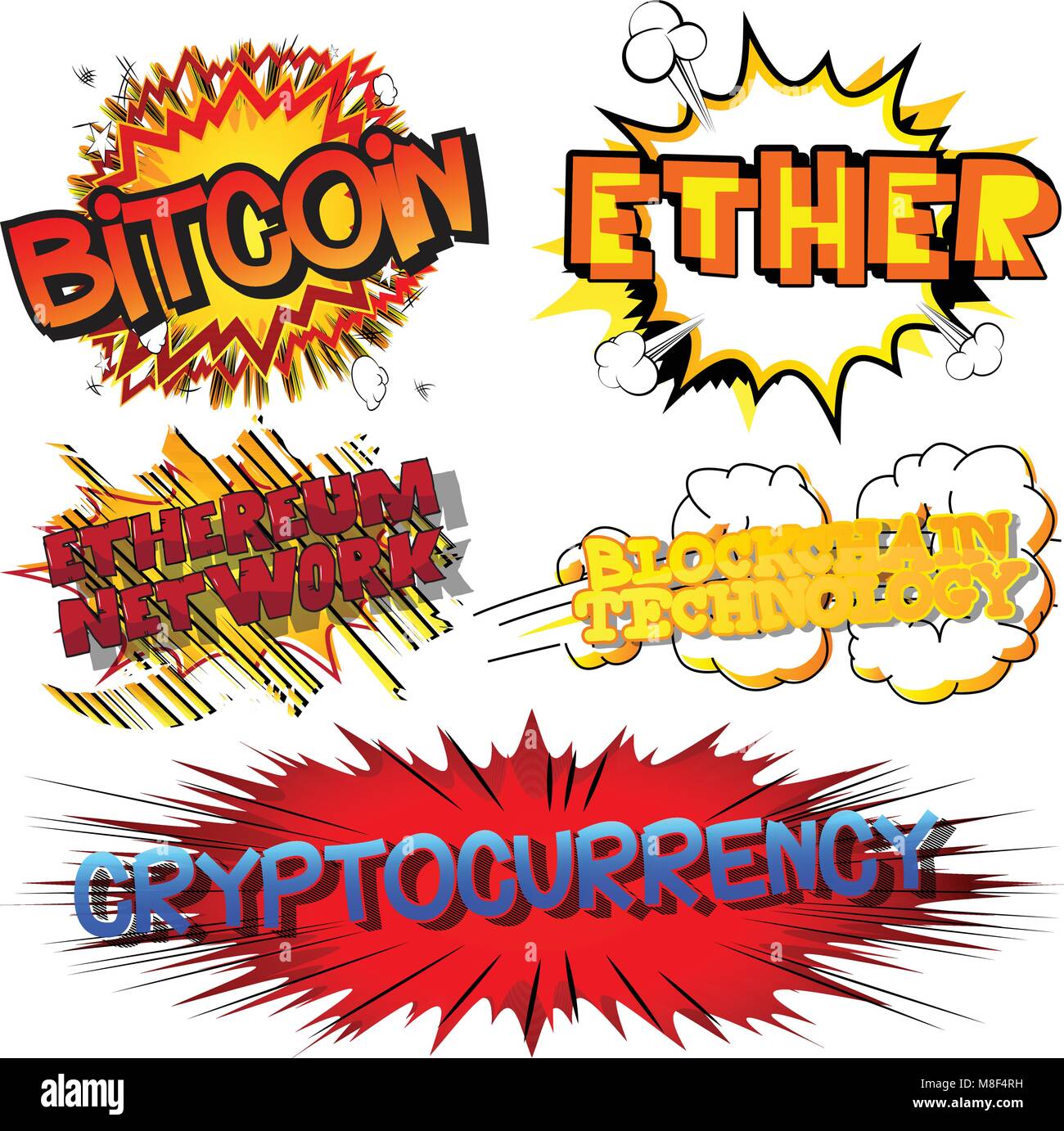 Crypto-devises mots connexes. Cartoon Vector illustration set avec style bande dessinée. Illustration de Vecteur