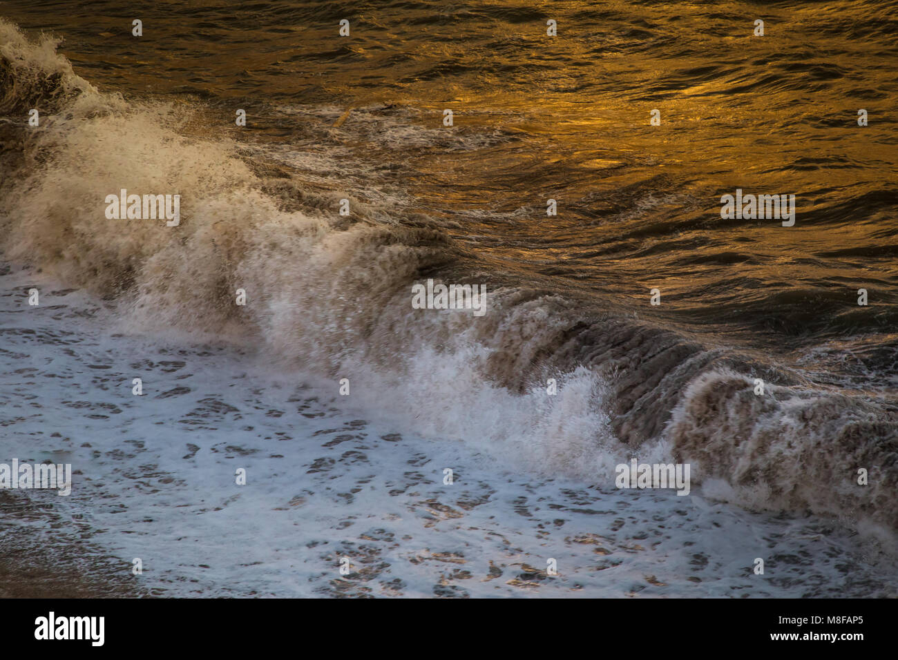 Une vue aérienne de surfer sur des vagues à une plage de galets dans le soleil du soir Banque D'Images