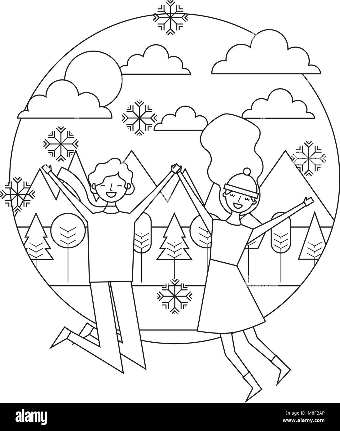 Jeune couple qui saute dans le panorama d'hiver illustration vecteur ligne mince Illustration de Vecteur