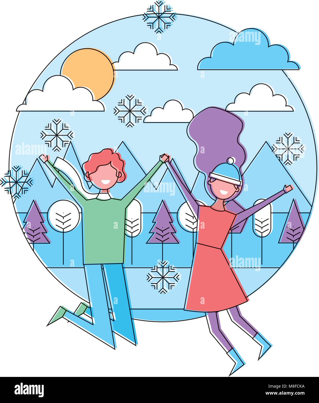 Jeune couple qui saute dans le panorama hivernal vector illustration Illustration de Vecteur