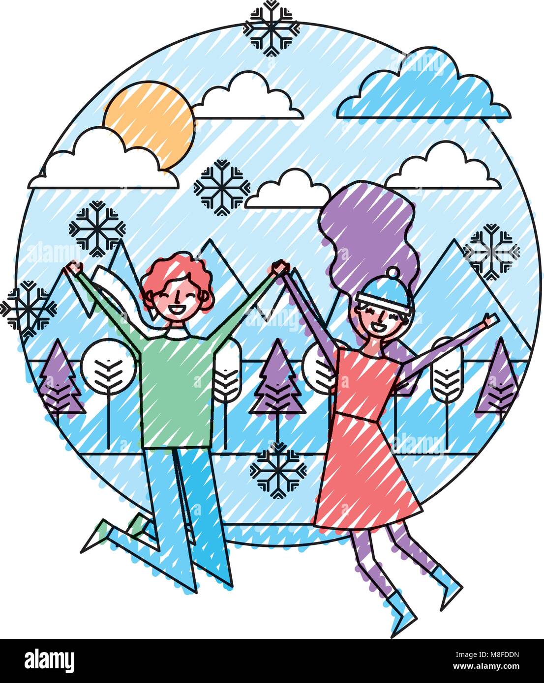 Jeune couple qui saute dans le panorama d'hiver image couleur dessin illustration vectorielle Illustration de Vecteur