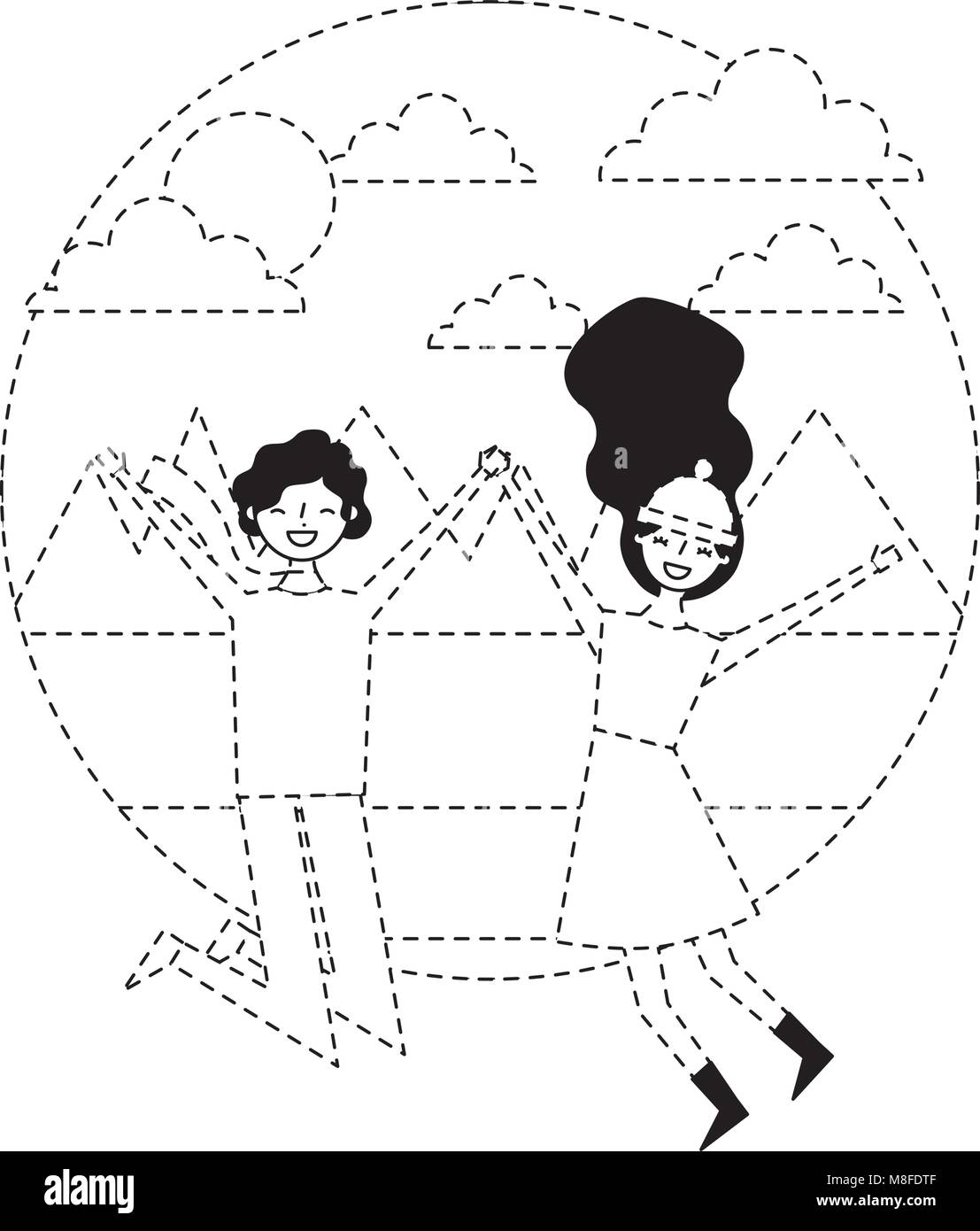 Jeune couple qui saute dans le panorama d'hiver illustration vecteur ligne pointillée de droit Illustration de Vecteur