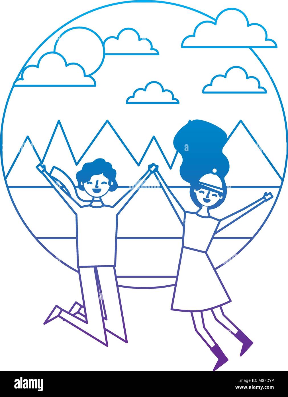 Jeune couple qui saute dans le panorama d'hiver image couleur dégrader d'illustration vectorielle Illustration de Vecteur