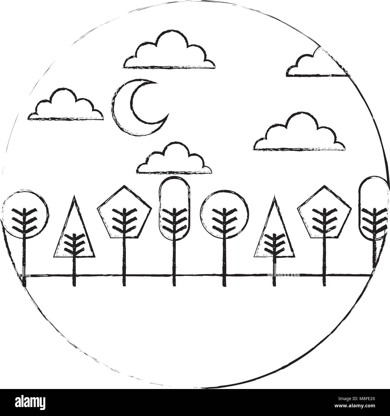 Nuit paysage arbres nuages lune round design vector illustration Illustration de Vecteur