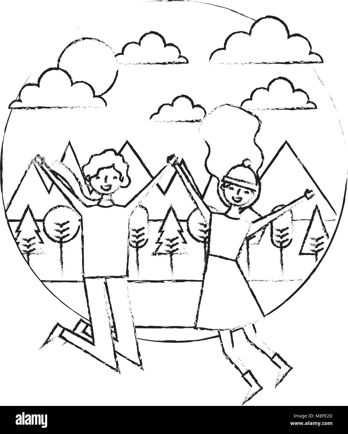 Jeune couple qui saute dans le panorama hivernal vector illustration Illustration de Vecteur