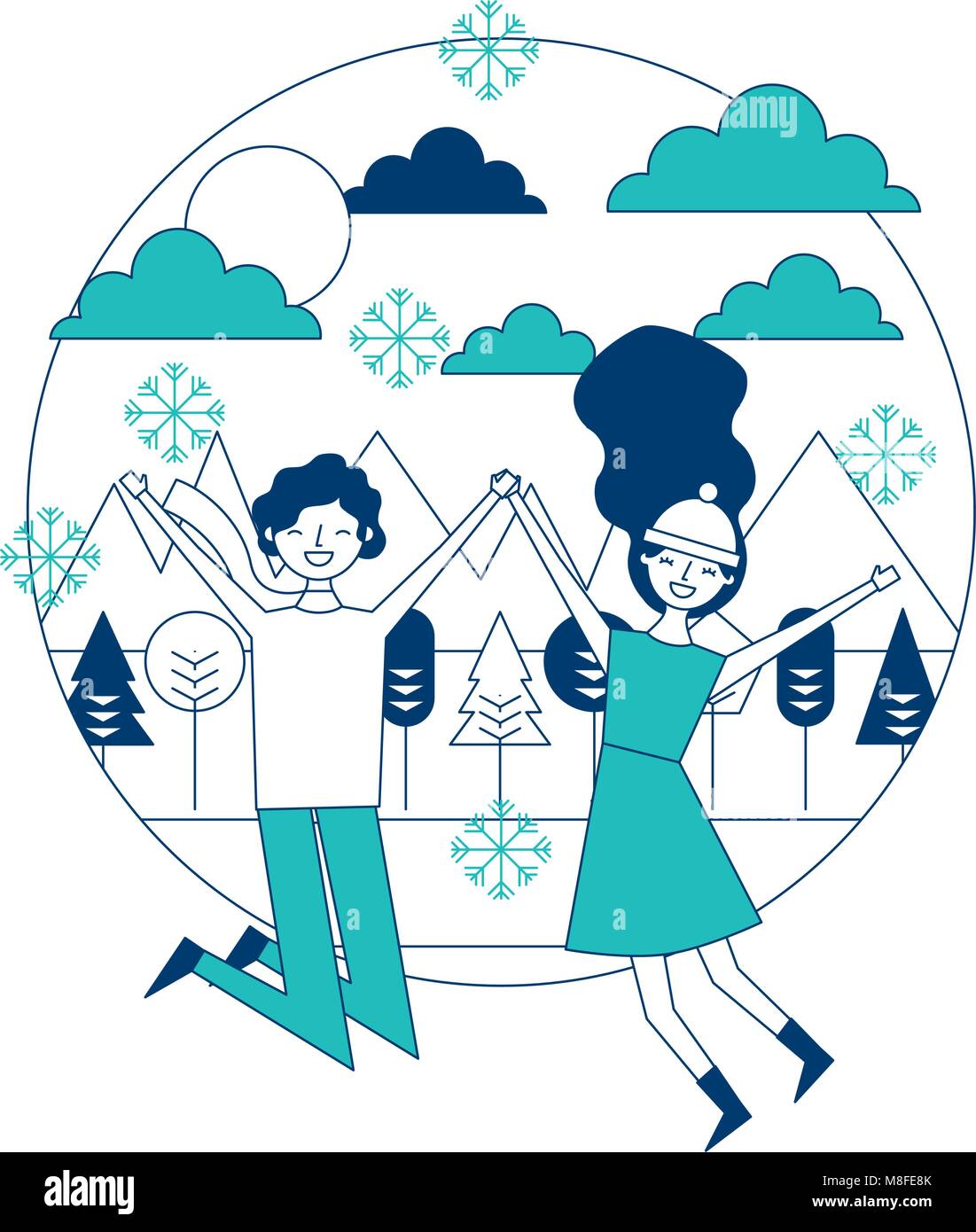 Jeune couple qui saute dans le panorama d'hiver illustration vectorielle de l'image verte et bleue Illustration de Vecteur