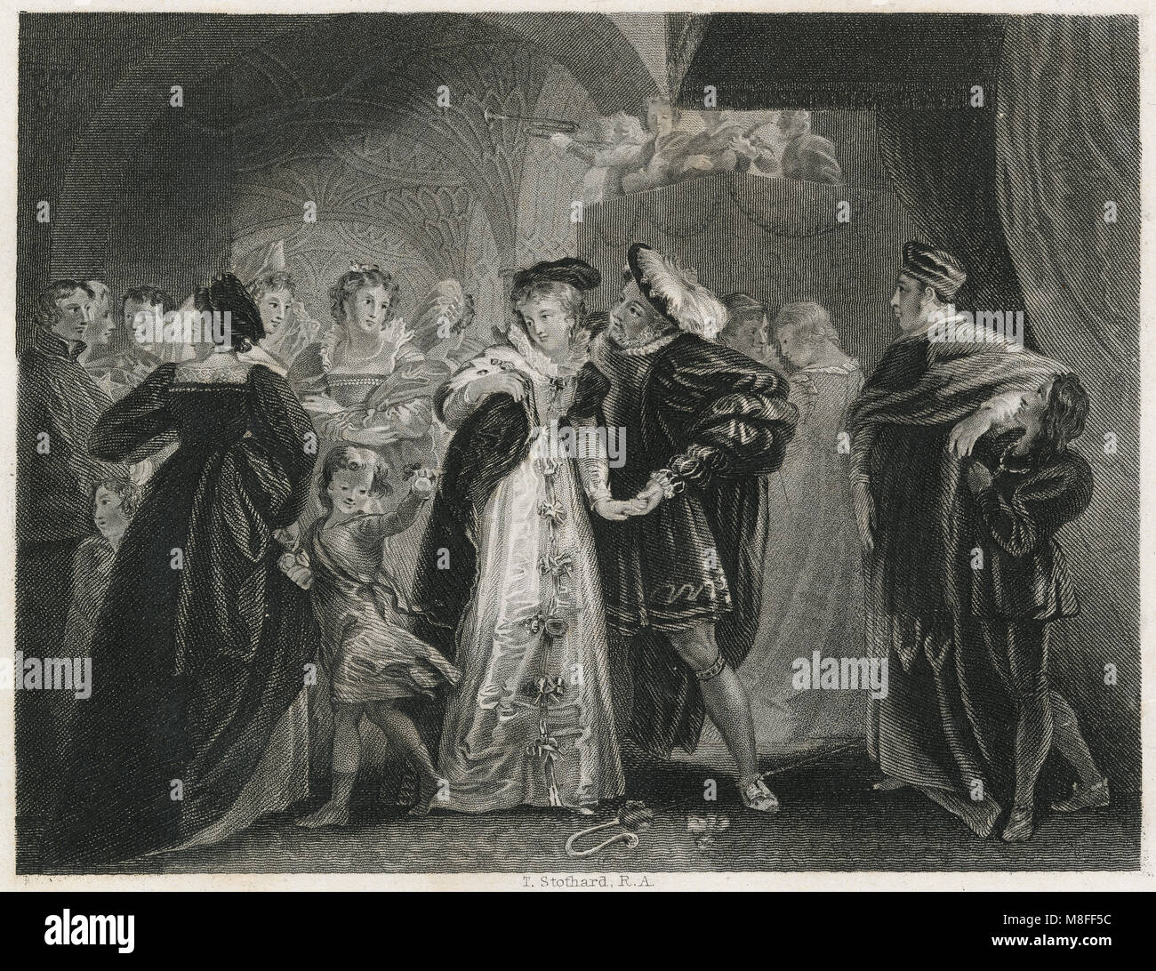 C Antique1830 gravure, le roi Henri le huitième Première rencontre avec Anne Boleyn. SOURCE : gravure originale Banque D'Images