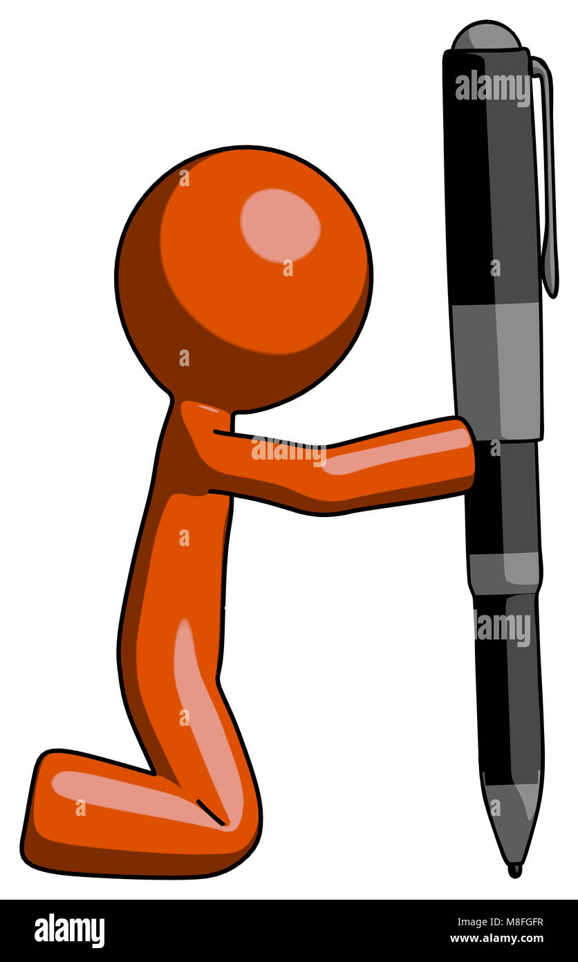 Mascotte design orange homme posant avec un stylo géant de manière maladroite mais puissant. Parce que son drôle. Banque D'Images