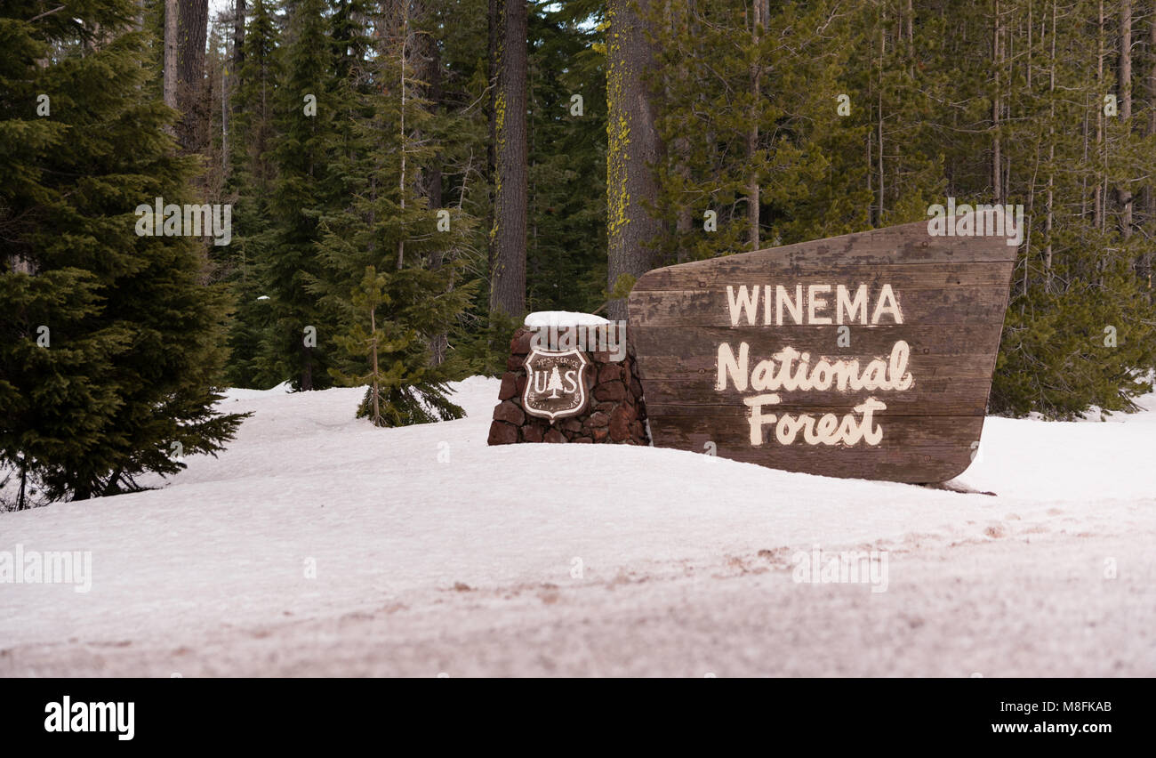 Neige fraîche couvrant les bondary marqueur Forestier National Winema entrant dans l'Oregon Banque D'Images