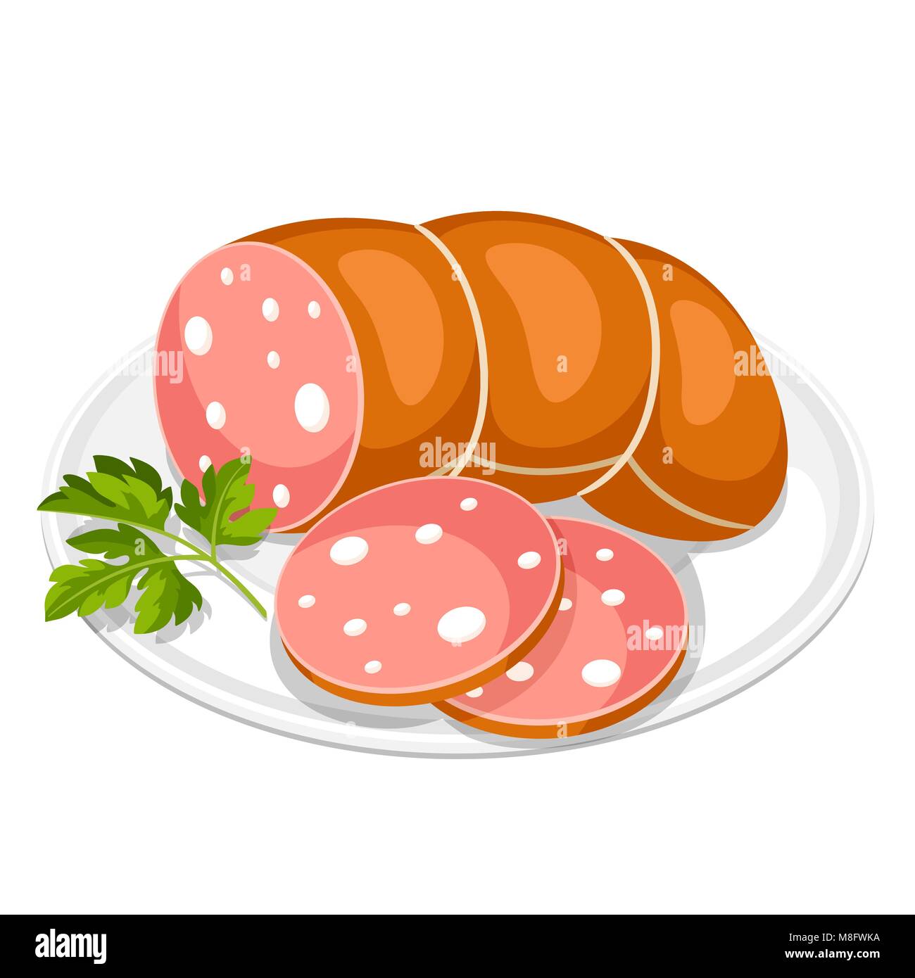 Tranches de saucisse à cuire avec des feuilles de persil on white plate Illustration de Vecteur