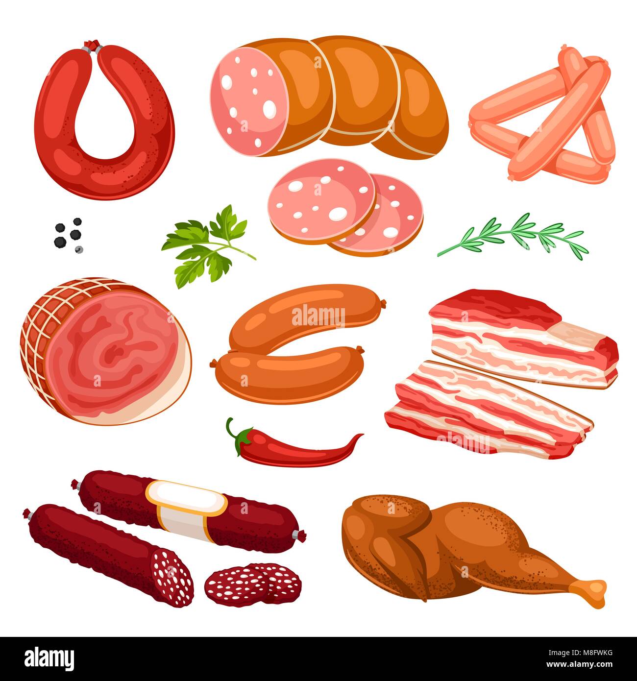Ensemble de produits de viande. Illustration de saucisses, bacon et jambon Illustration de Vecteur