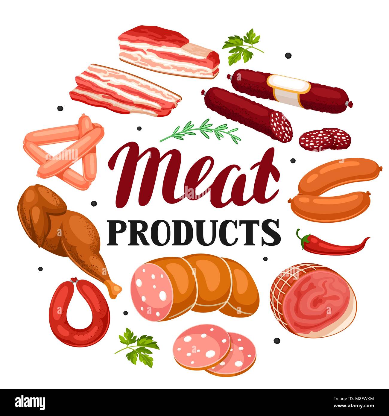 Arrière-plan avec des produits à base de viande. Illustration de saucisses, bacon et jambon Illustration de Vecteur