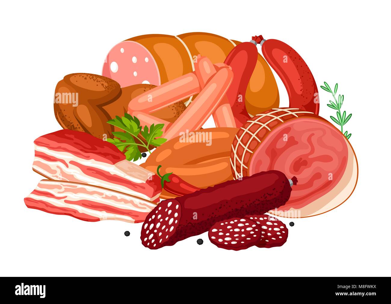 Illustration avec les produits de viande. Illustration de saucisses, bacon et jambon Illustration de Vecteur