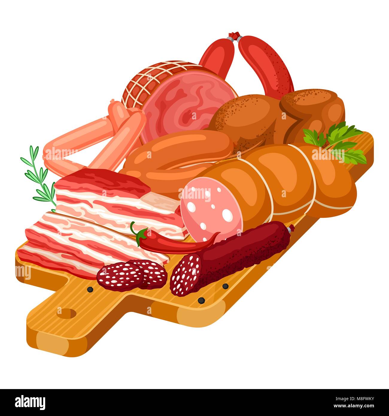 Illustration avec des produits de viande sur une planche à découper en bois. Illustration de saucisses, bacon et jambon Illustration de Vecteur