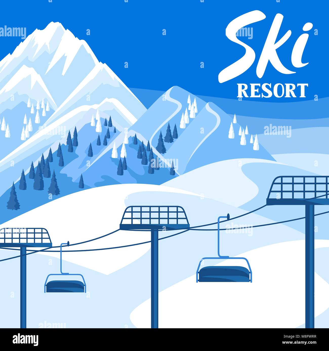 Station de ski d'hiver illustration. Beau paysage avec corde façon, les montagnes enneigées et des forêts de sapin Illustration de Vecteur