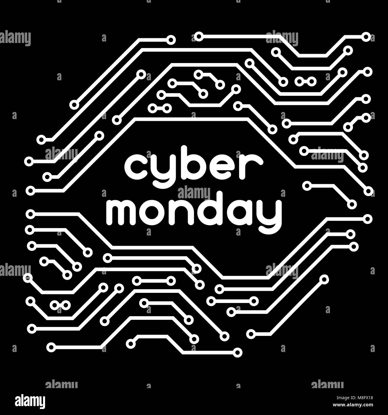 Vente du Cyber Monday, l'arrière-plan. Le magasinage en ligne et la publicité marketing concept. Schéma des éléments de Microchip Illustration de Vecteur