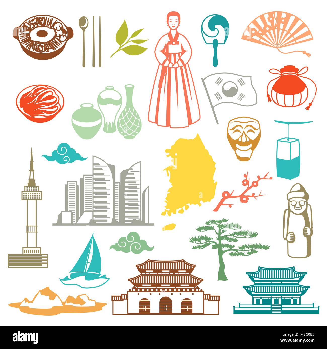 Corée icons set. Symboles et objets traditionnel coréen. Illustration de Vecteur