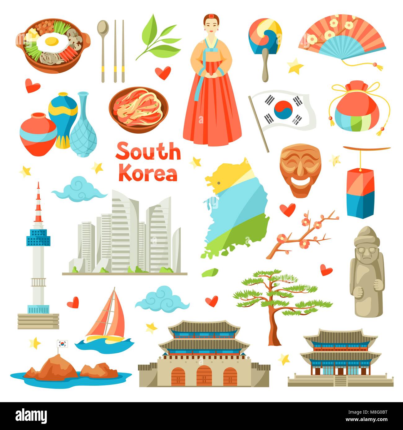 Corée du Sud icons set. Symboles et objets traditionnel coréen. Illustration de Vecteur