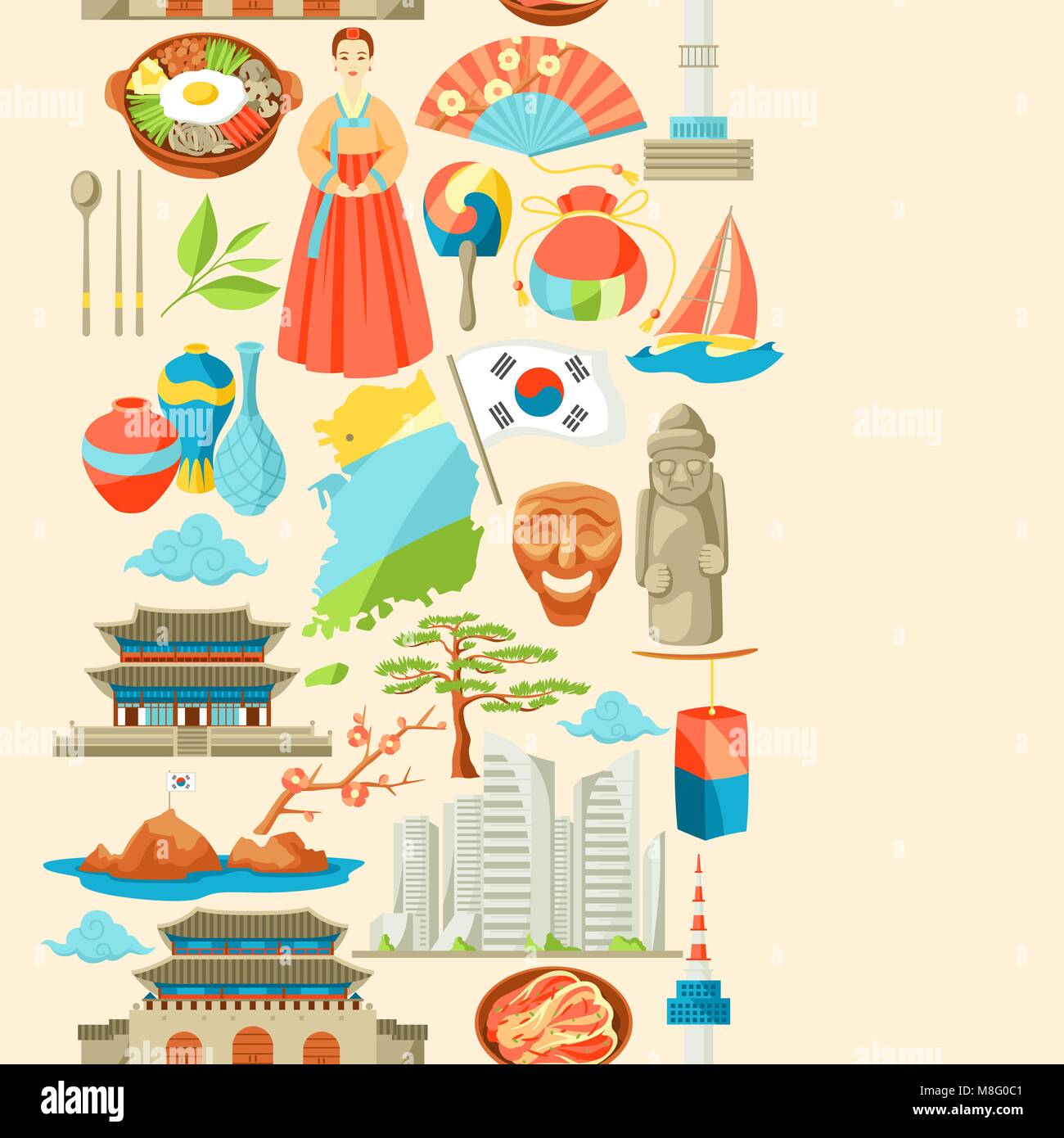 La Corée du Sud, modèle homogène. Symboles et objets traditionnel coréen. Illustration de Vecteur