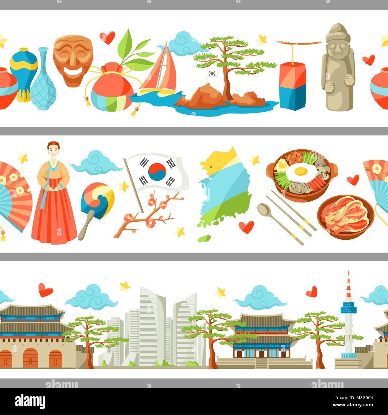 Corée du Sud frontières transparente. Symboles et objets traditionnel coréen. Illustration de Vecteur