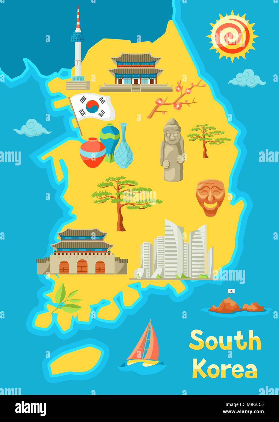 Carte de la Corée du Sud. Symboles et objets traditionnel coréen. Illustration de Vecteur