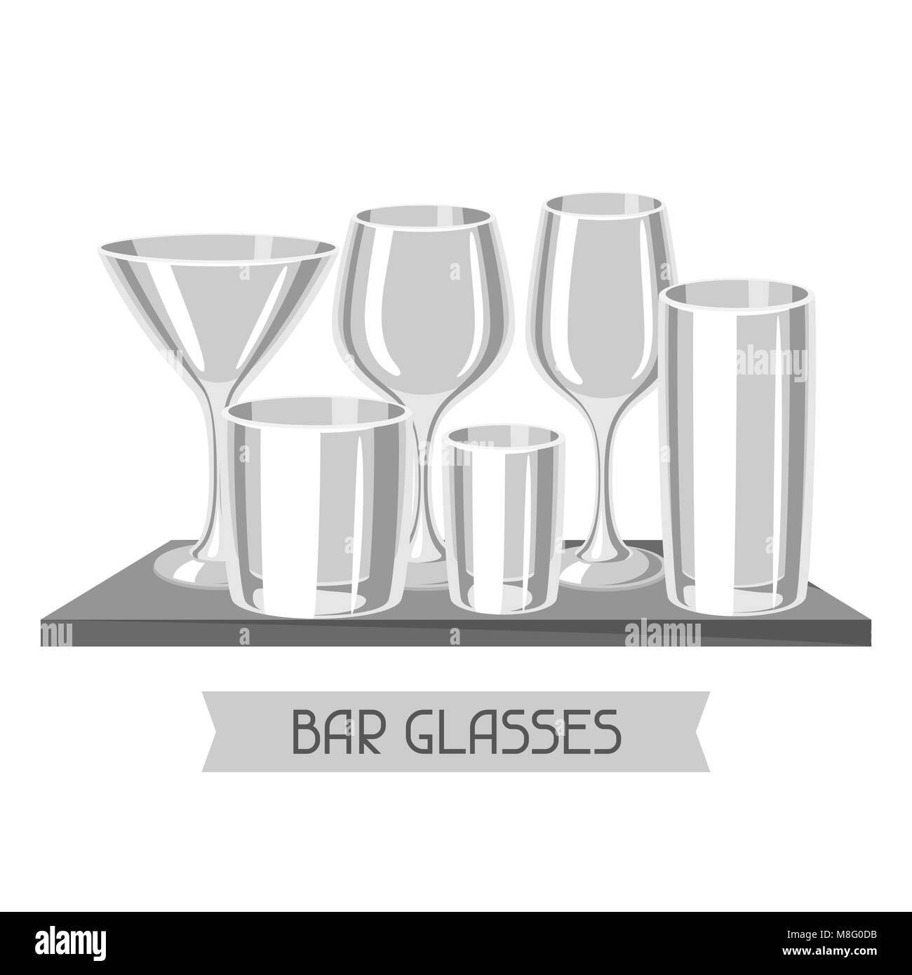 Types de verres bar. Ensemble de verrerie de l'alcool sur la tablette Illustration de Vecteur