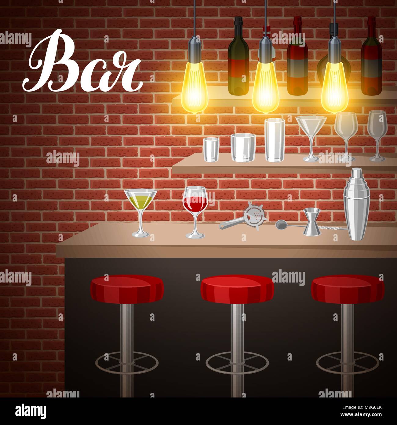 Comptoir du bar dans un pub ou une boîte de nuit. Illustration de  l'intérieur avec des accessoires, des boissons et cocktails Image  Vectorielle Stock - Alamy