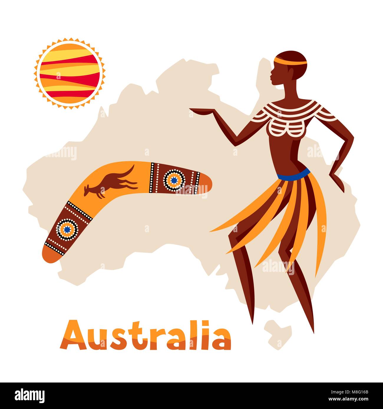 Illustration de l'australie carte avec femme et autochtones boomerang. Illustration de Vecteur