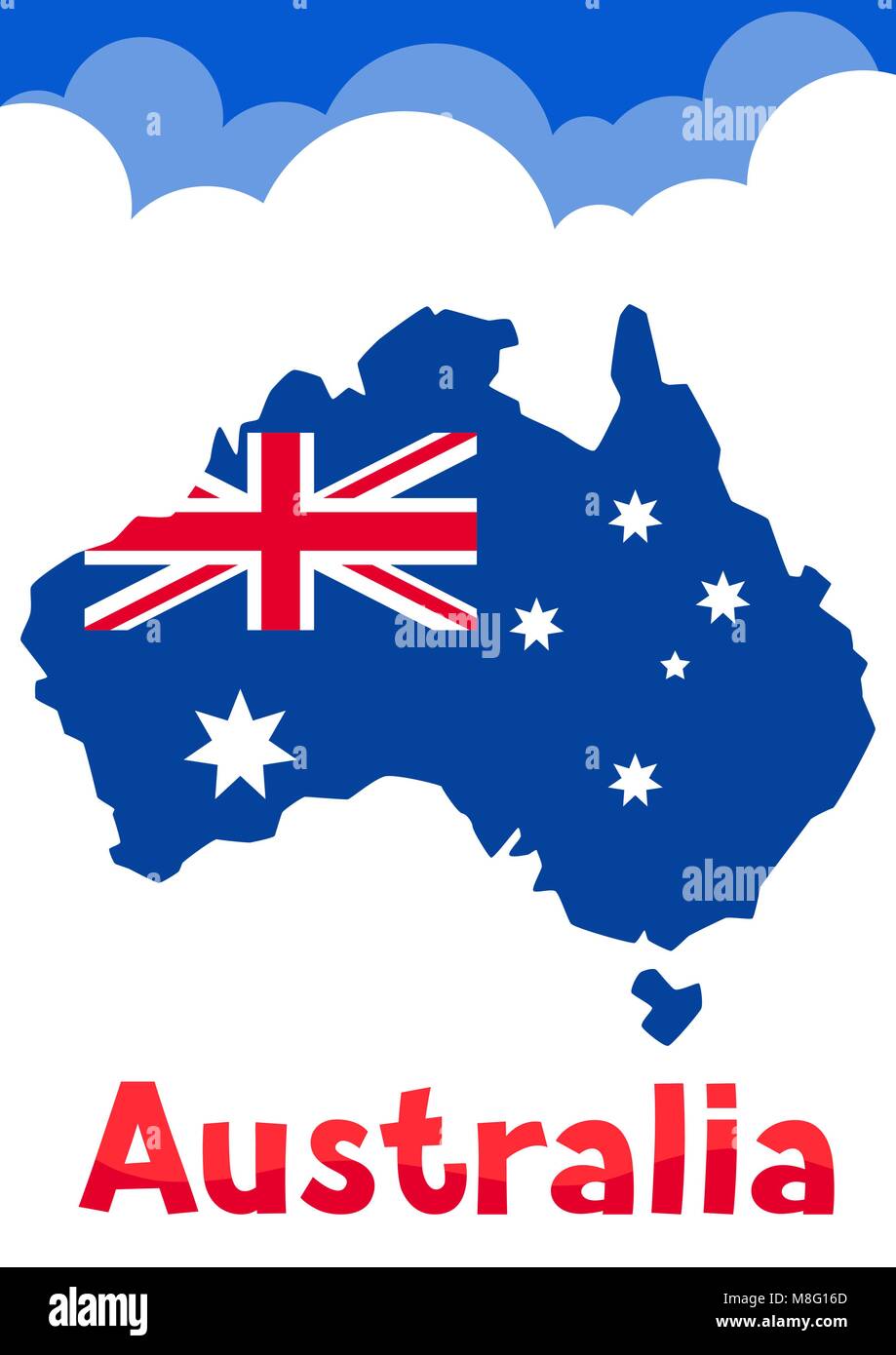 Illustration de la carte de l'Australie avec un drapeau et des nuages. Illustration de Vecteur
