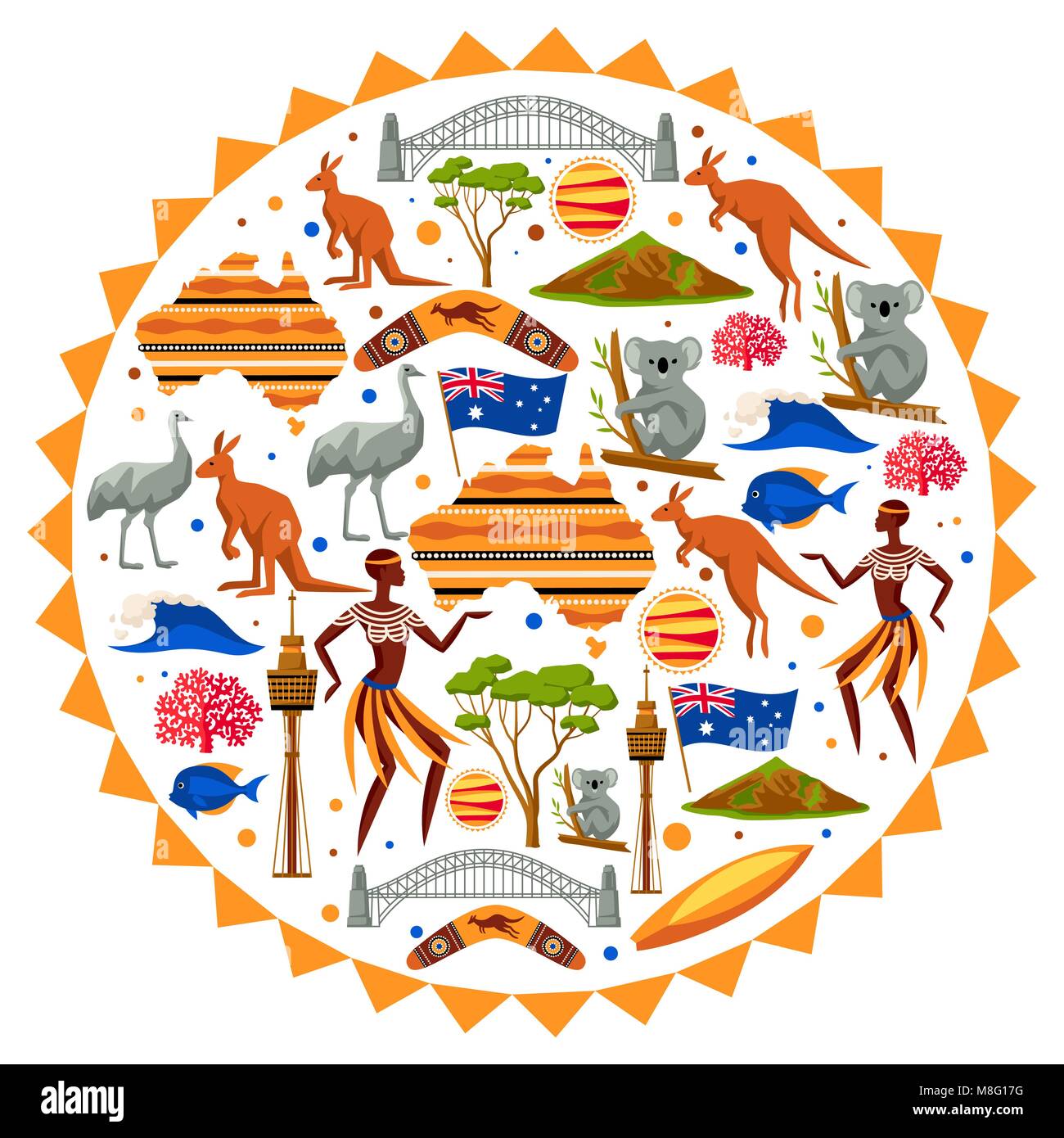 La conception de fond de l'Australie. Objets et symboles traditionnels de l'Australie Illustration de Vecteur