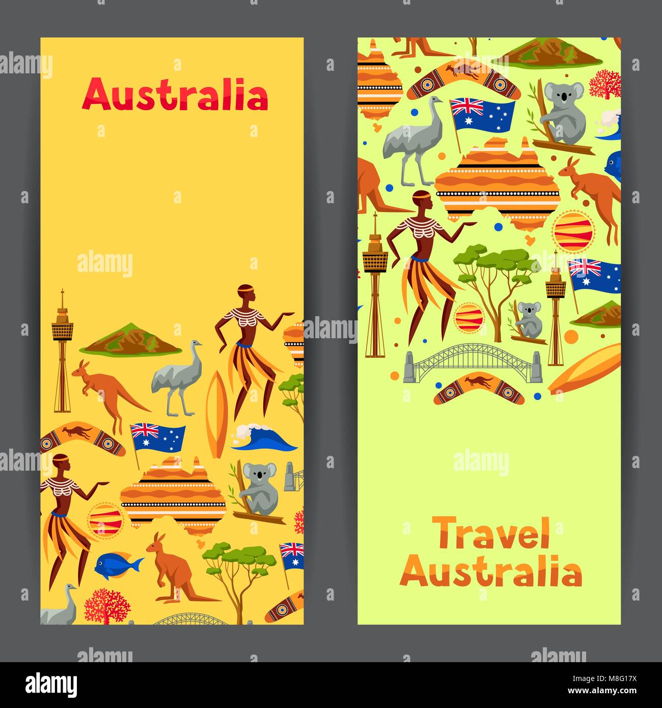 Conception des bannières de l'Australie. Objets et symboles traditionnels de l'Australie Illustration de Vecteur
