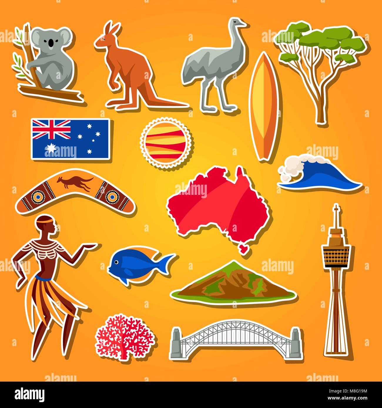 L'Australie icons set. Autocollant traditionnel australien et les objets symboles Illustration de Vecteur