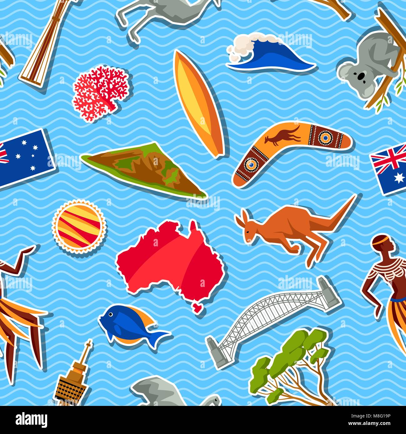 Modèle logique de l'Australie. Autocollant traditionnel australien et les objets symboles Illustration de Vecteur