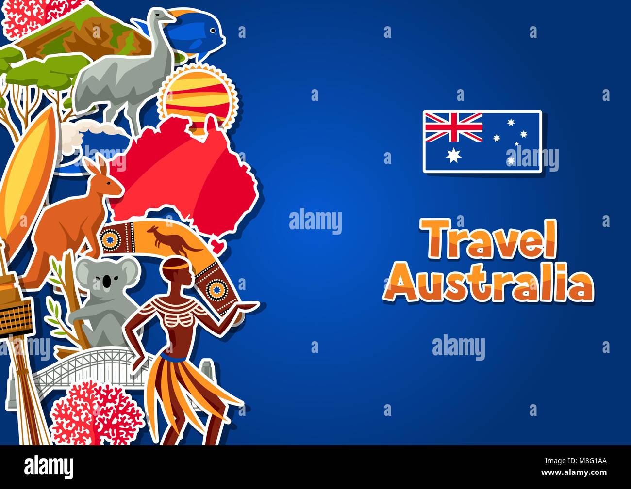 La conception de fond de l'Australie. Autocollant traditionnel australien et les objets symboles Illustration de Vecteur