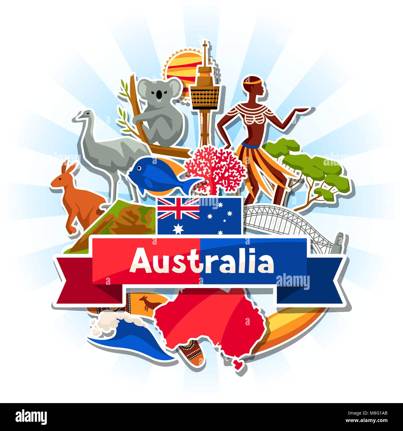 La conception de fond de l'Australie. Autocollant traditionnel australien et les objets symboles Illustration de Vecteur