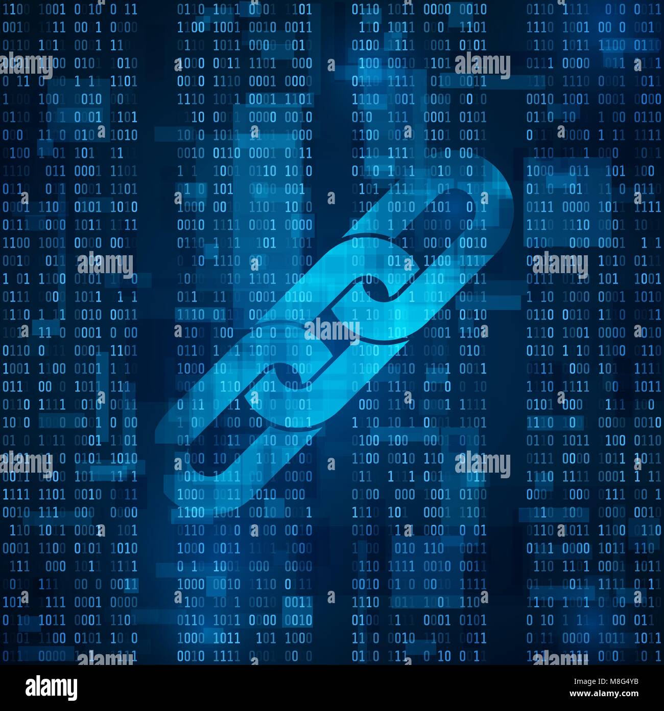 Blockchain hyperlink symbole sur un code binaire. Abstract blue background matrix. Grand nombre de renseignements sur le débit de données. Blockchain Cryptocurrency et business Illustration de Vecteur