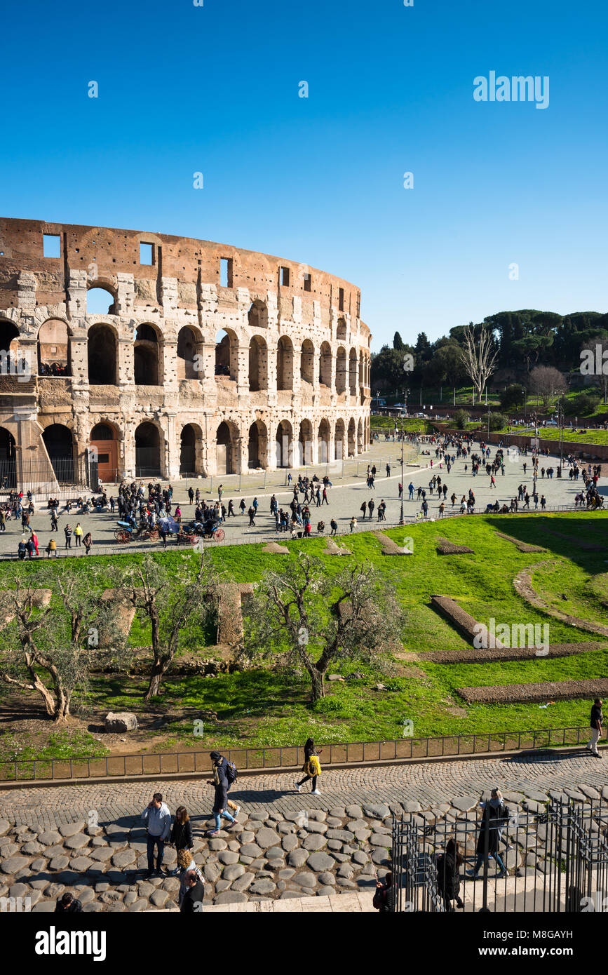 Le colisée ou Coliseum à partir de la colline du Palatin. Également connu sous le nom de l'amphithéâtre Flavien, un amphithéâtre ovale au centre de la ville de Rome, Italie. Banque D'Images