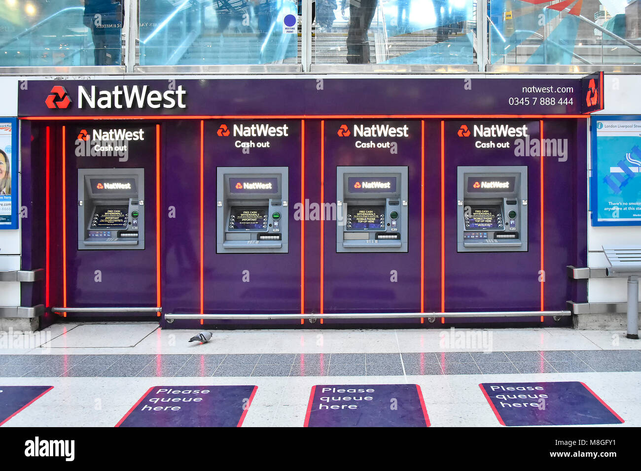 Des patrouilles d'un pigeon très calme déserté rangée de trous dans le mur de la banque NatWest trésorerie Trésorerie ATM machine points à la gare de Liverpool Street, London England UK Banque D'Images