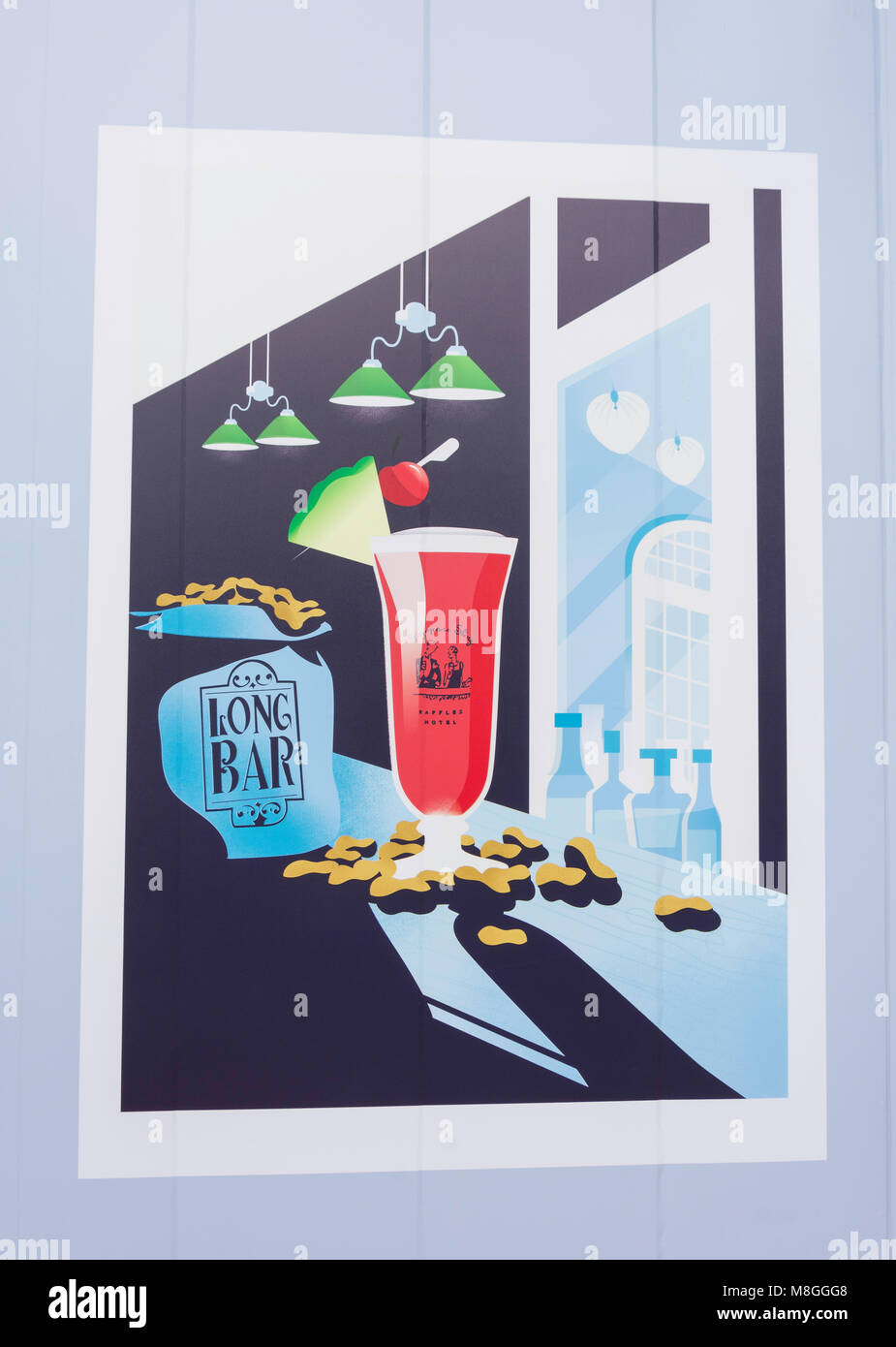 Long Bar cocktail Singapore Sling, poster au Raffles Hotel Singapore, Beach Road, civique, District de l'île de Pulau Ujong (Singapour), Singapour Banque D'Images
