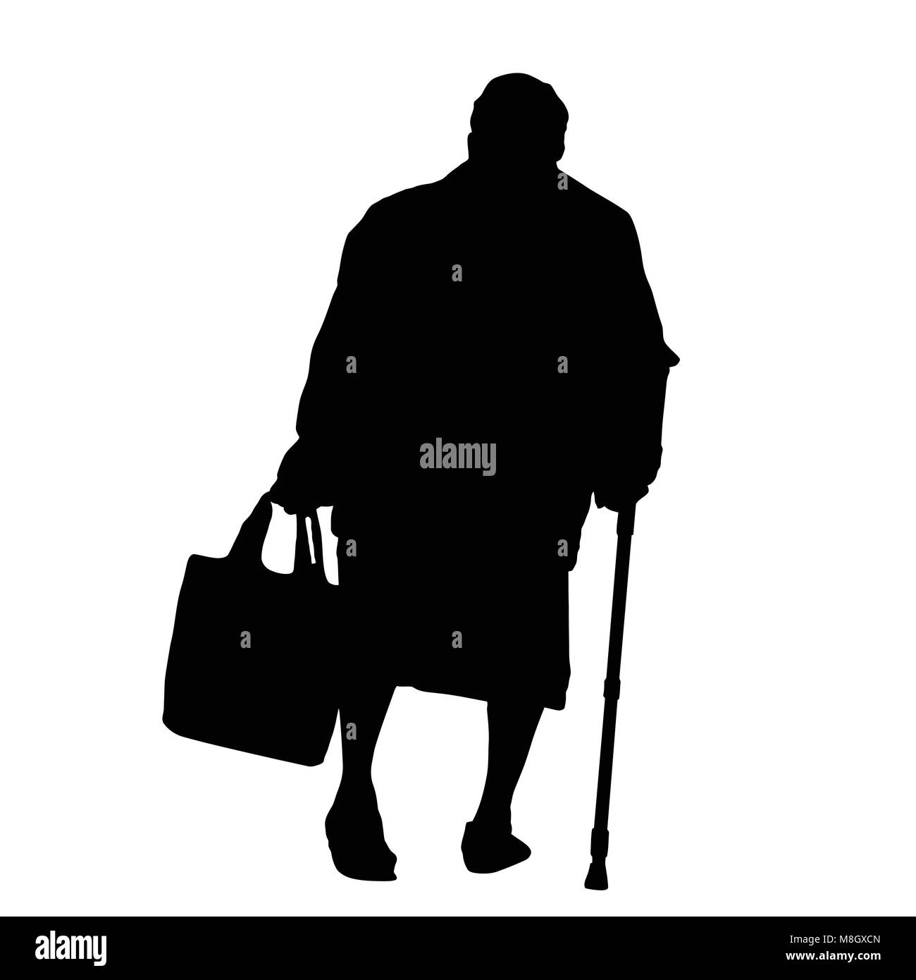 Silhouette d'une vieille femme avec canne sur un fond blanc, vector illustration Illustration de Vecteur