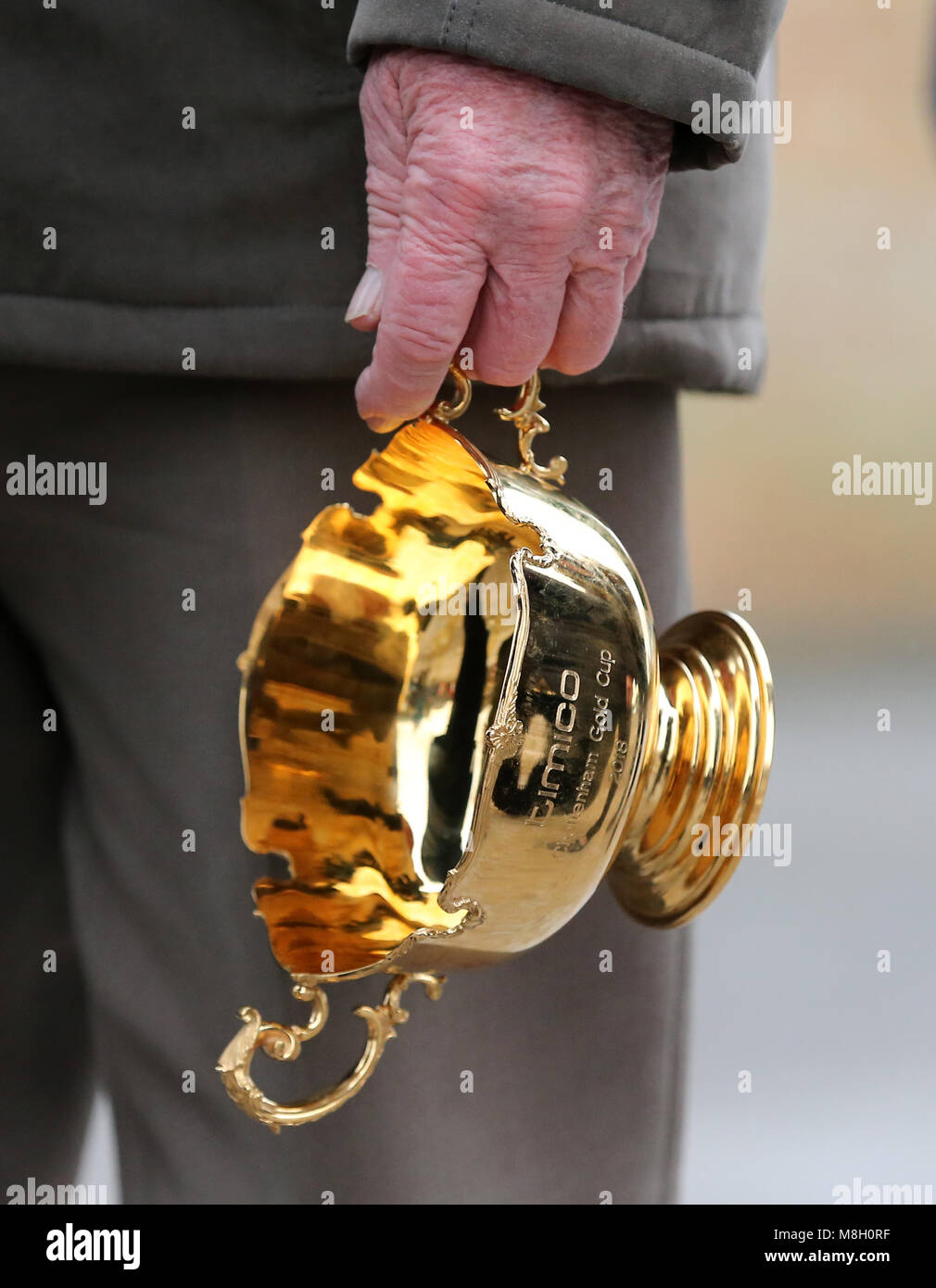 Une vue de la coupe d'or lors d'un photocall à Virginia Ash, Templecombe. Rivière d'origine, formé par Colin Tizzard et monté par Richard Johnson, a remporté la Gold Cup Timico au Cheltenham Festival hier. Banque D'Images