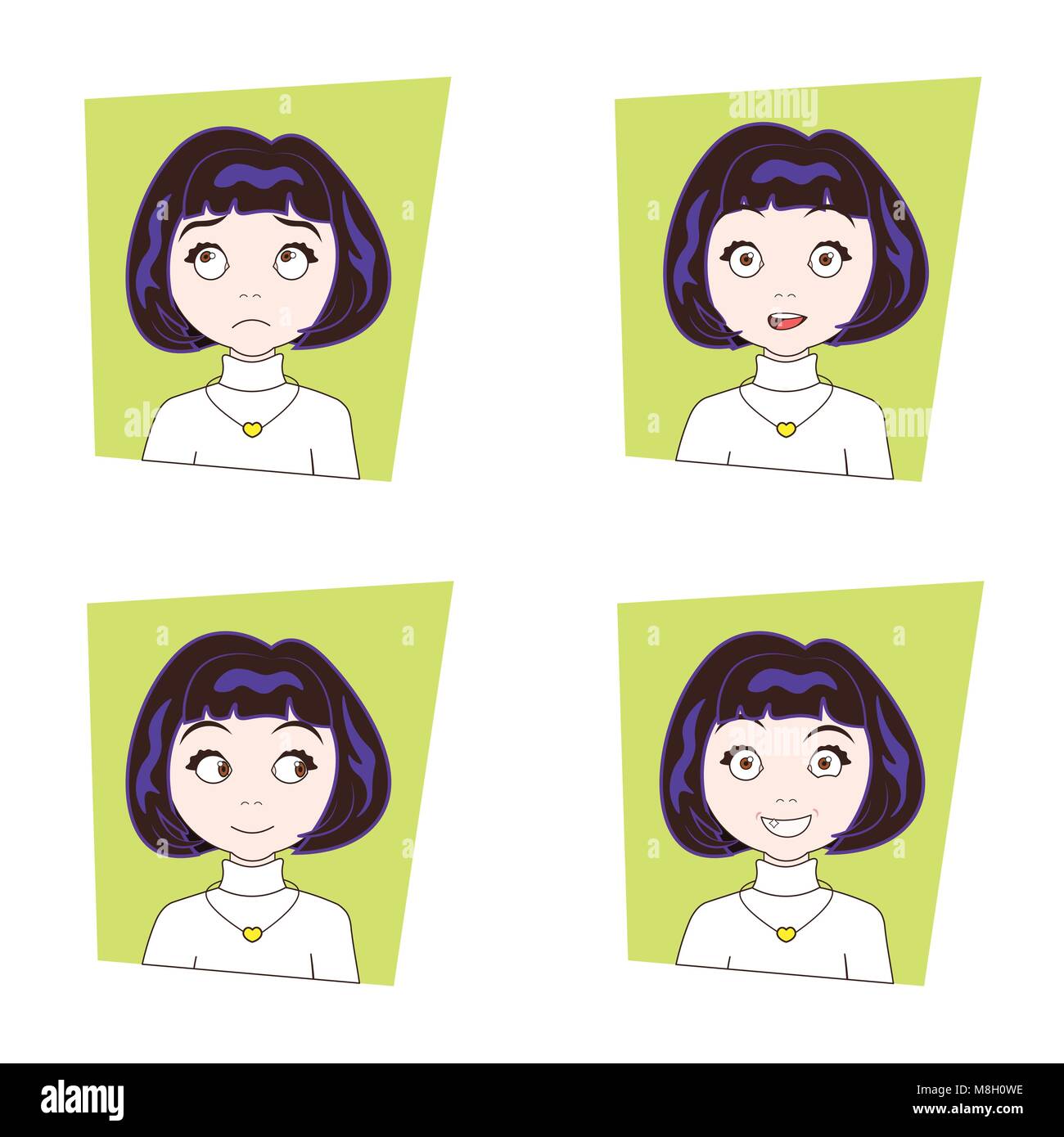 Cute Brunette Girl avec différentes émotions faciales Ensemble d'Expressions visage jeune femme Illustration de Vecteur